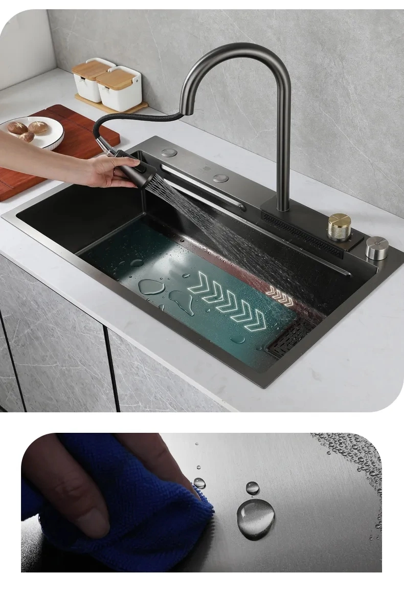 304 Stainless Steel Kitchen Sink Trend Flying Waterfall Multi-Function Kitchen Sink Nano SUS Countertop Undermount Waterfall 201 SUS Kitchen Faucet Sink