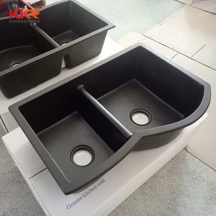 Double Bowls Marble Looks Black Quartz Stone Kitchen Sink