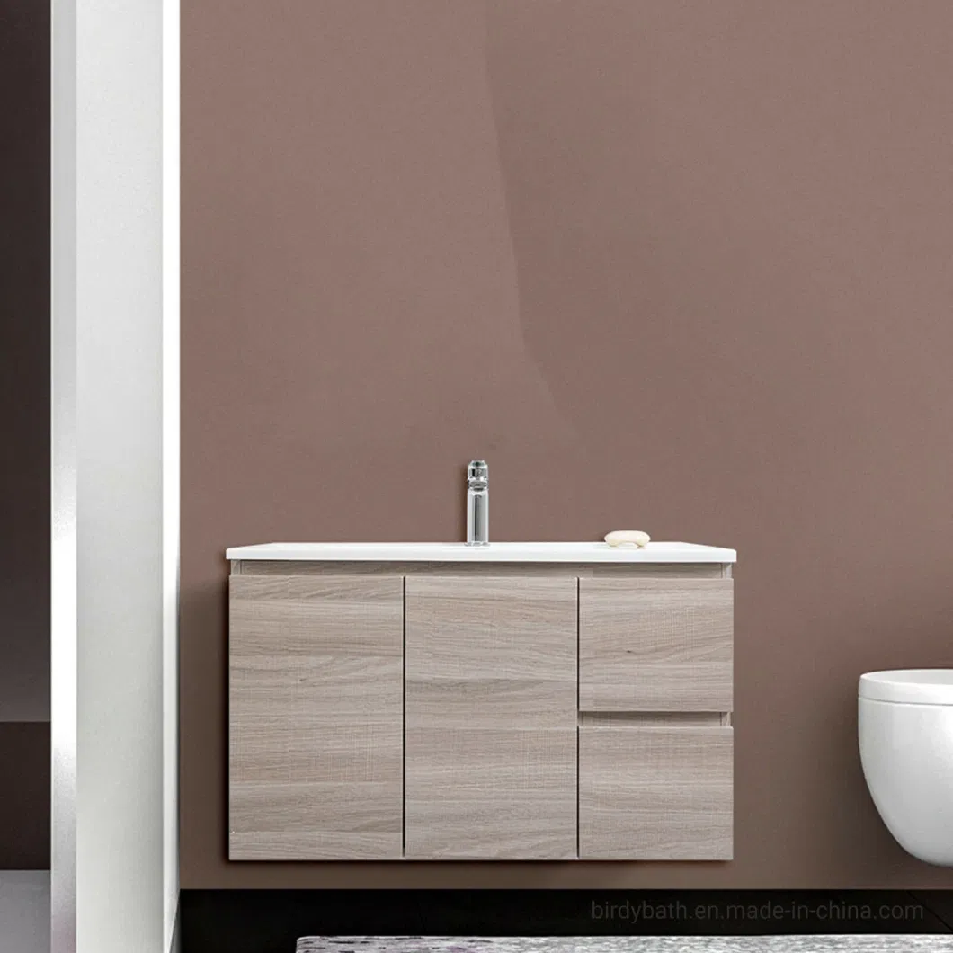 Suspended Bathroom Cabinet 80 Cm with Doors and Drawers in Light Oak Ceramic Sink