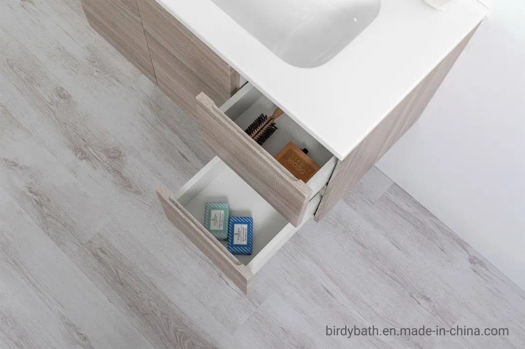 Suspended Bathroom Cabinet 80 Cm with Doors and Drawers in Light Oak Ceramic Sink