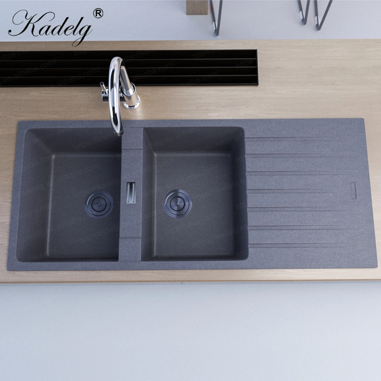 Quartz Grey Color Double Bowl Kitchen Sink and Cabinet Combo