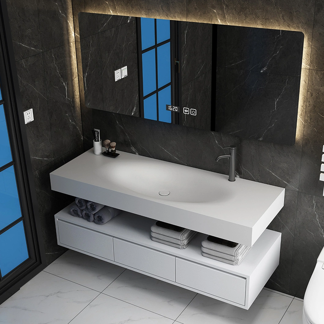 OEM Simple Modern Yuanbao Integrated Wash Basin Sink Bathroom Hotel Washstand Solid Wood Bathroom Cabinet with Mirror