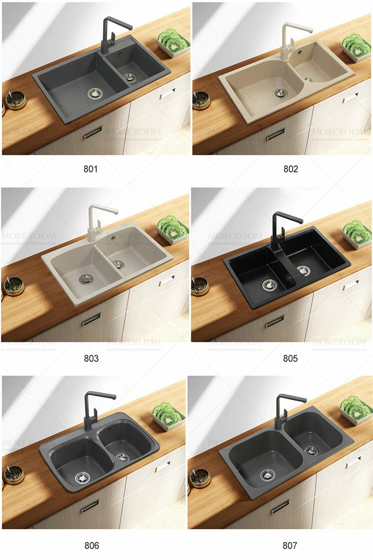 Wholesale Double Bowl Kitchen Quartz Countertop Sink with Drainboard