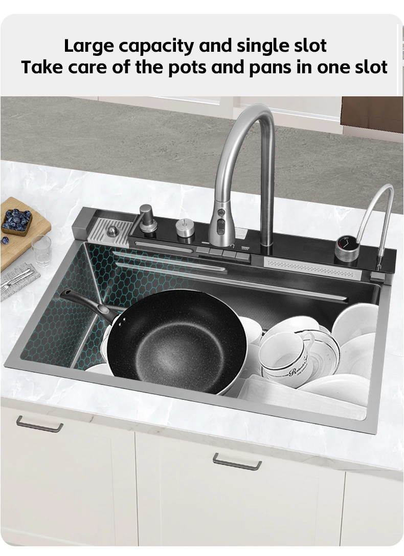 Smart Kitchen Sinks Black Nano Whale Waterfall Sink Large Single-Slot Thickened Honeycomb Washbasin Stainless Steel Home Kitchen Sink