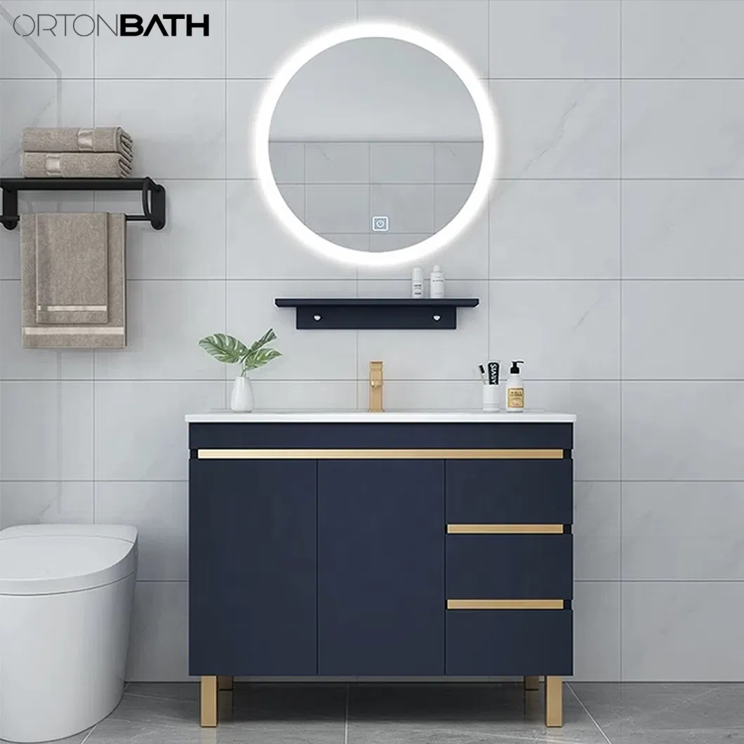 Ortonbath Modern Flooring Standing Ceramic Sink Blue Bathroom Wood Vanity Unit Cabinet Artificial Stone Bathroom Furniture with Gold Metal Handles LED Mirror