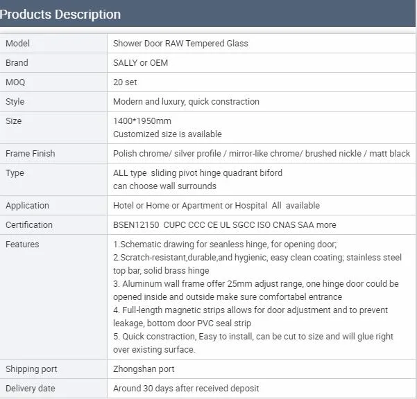 Easy Clean Coated Tempered Glass Solid Brass Hinge Shower Door Tempered Glass Bathroom