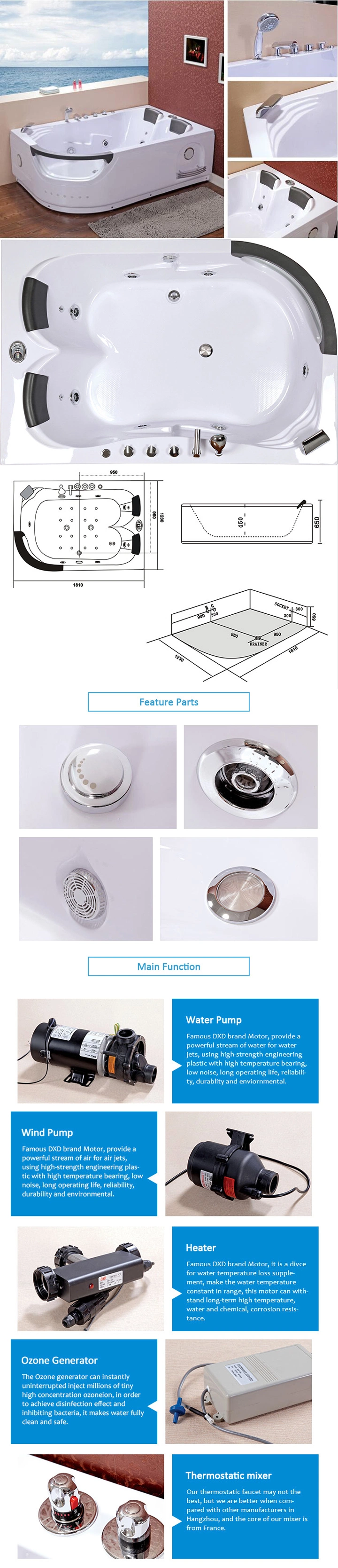 Multi-Functional Shower Room Fitting Whirlpool Massage Bathtub (TLP-665)