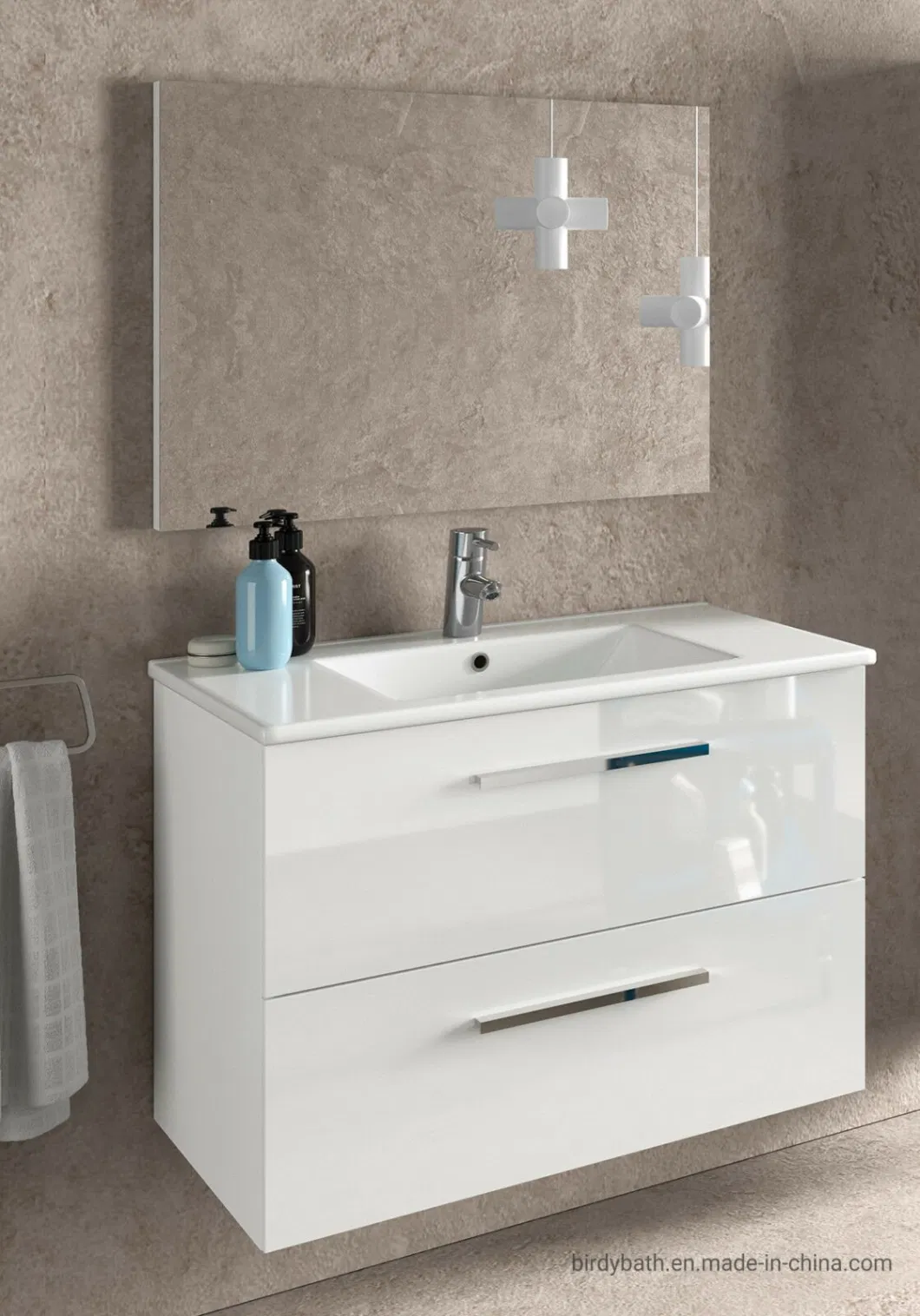 Suspended 2 Drawers White Lacquered Bathroom Cabinet with Mirror