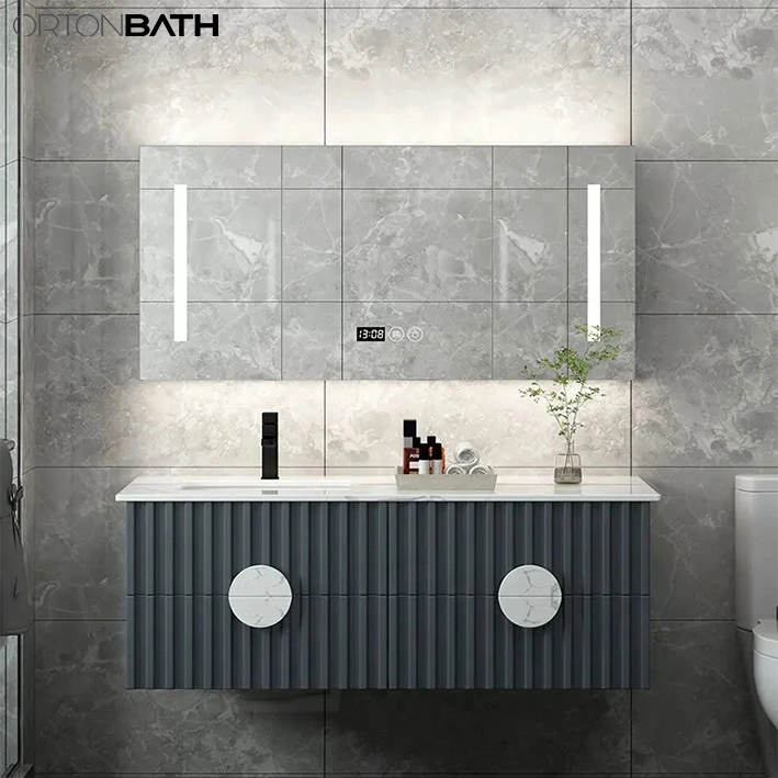 Ortonbath Modern Wall Mount Bathroom Wood Vanity Unit Cabinet Artificial Marble Stone Bathroom Furniture with LED Mirror Cabinet and Marble Handle
