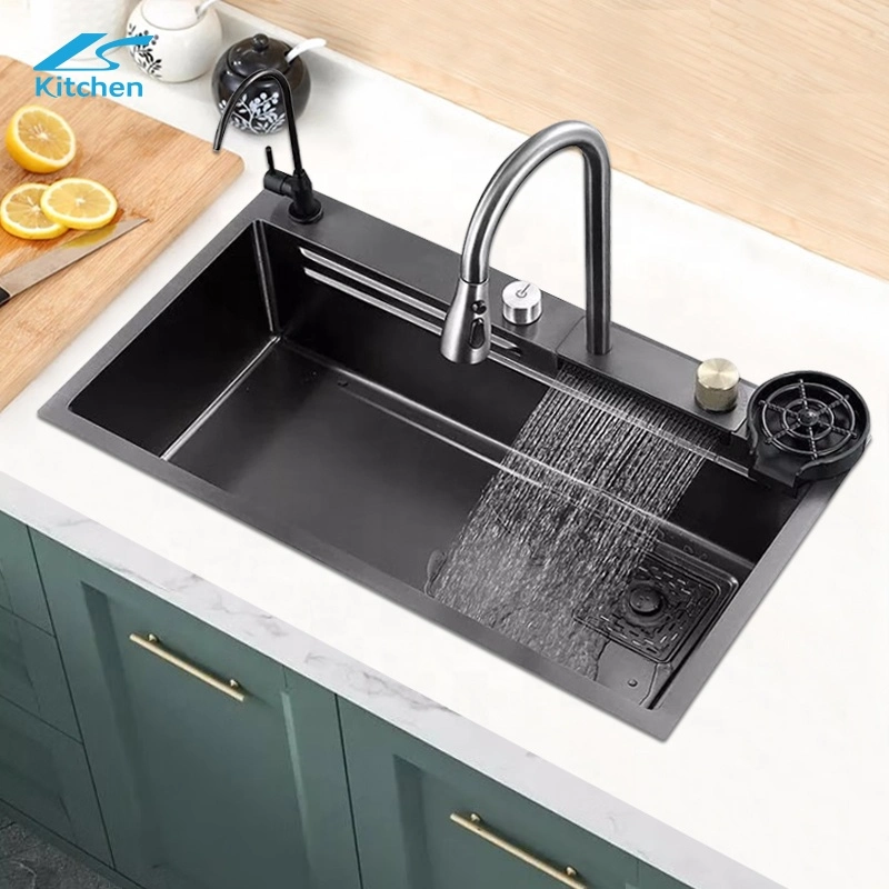 Rectangular 304 Bowl Undermount Stainless Steel Apron Farmhouse Handmade Smart Waterfall Multifunction Kitchen Sink