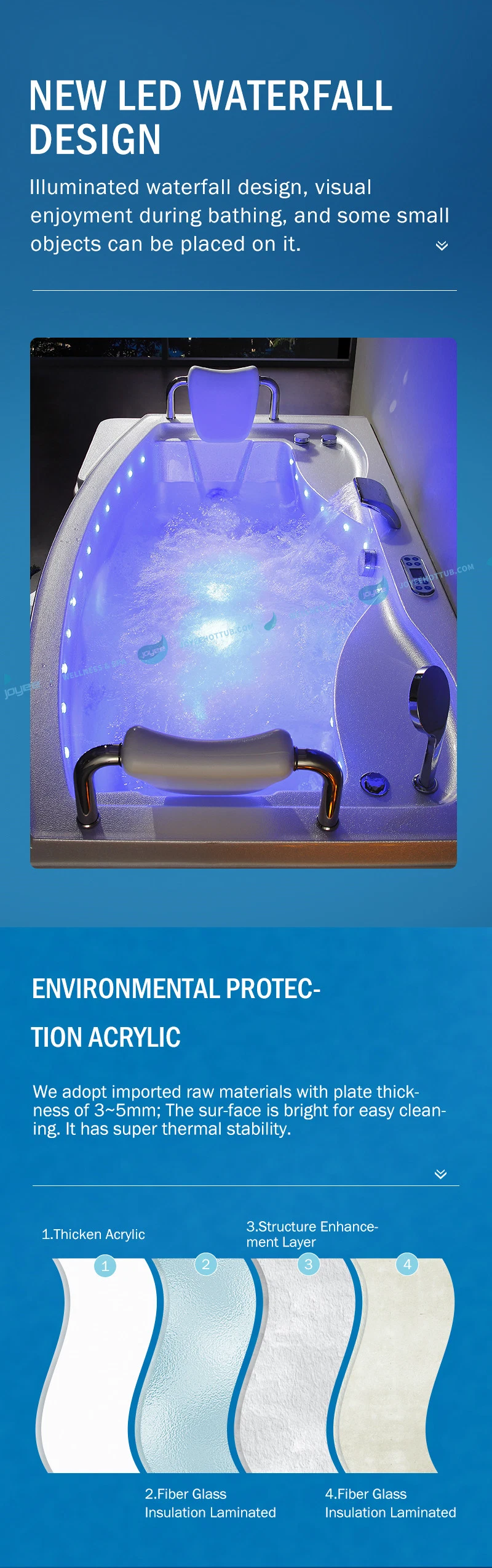 Joyee LED Waterfall Shower Faucet Combo Massage Whirlpool Bathtub for Sale