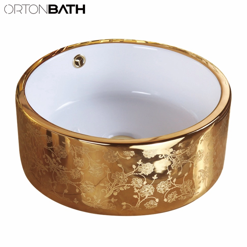 Ortonbath Rectangular Gold Bathroom Counter Top Ceramic Electroplated Basin Art Wash Basin Sink with Tap Faucet Mixer for Bathroom Vanity Cabinet