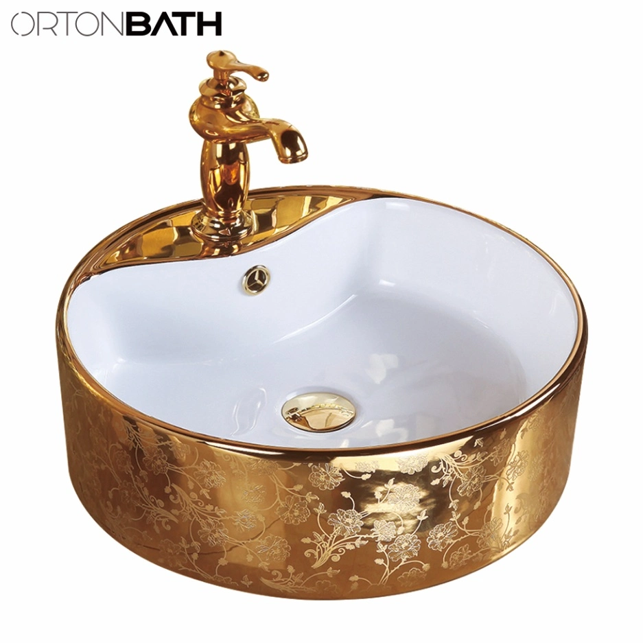 Ortonbath Rectangular Gold Bathroom Counter Top Ceramic Electroplated Basin Art Wash Basin Sink with Tap Faucet Mixer for Bathroom Vanity Cabinet