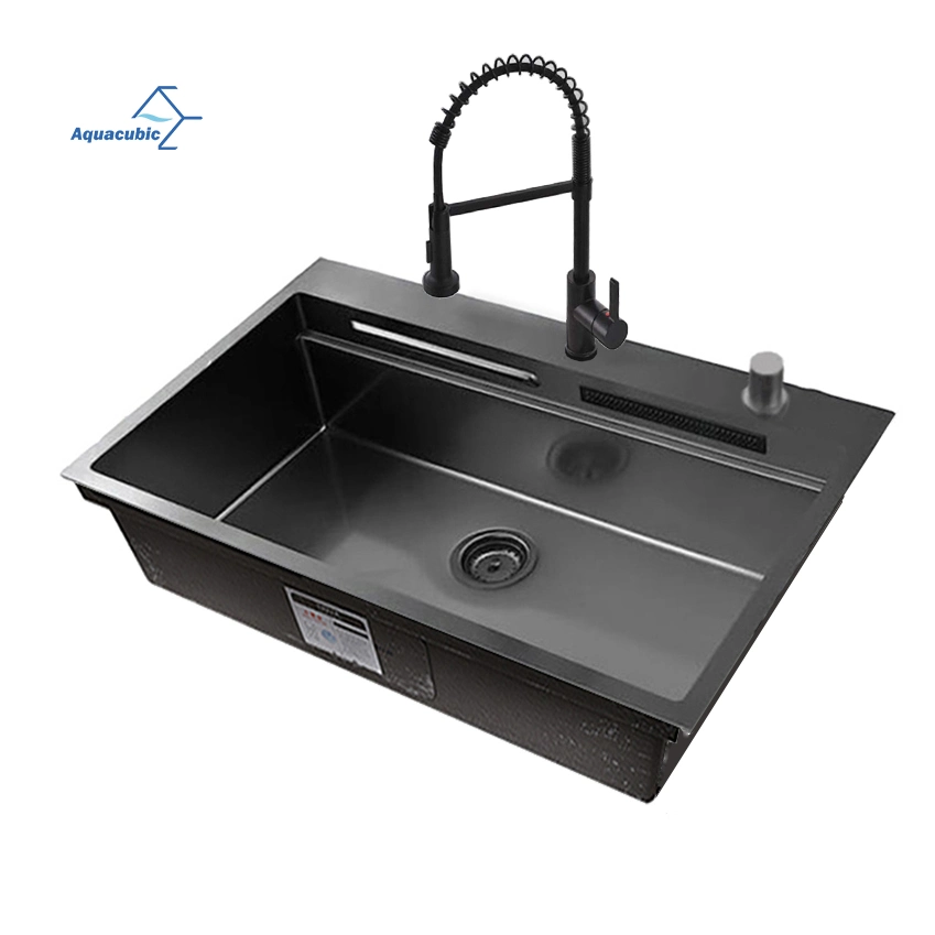 Nano Step Kitchen Sink 304 Stainless Steel Handmade Farmhouse Kitchen Black Sinks with Waterfall Faucet