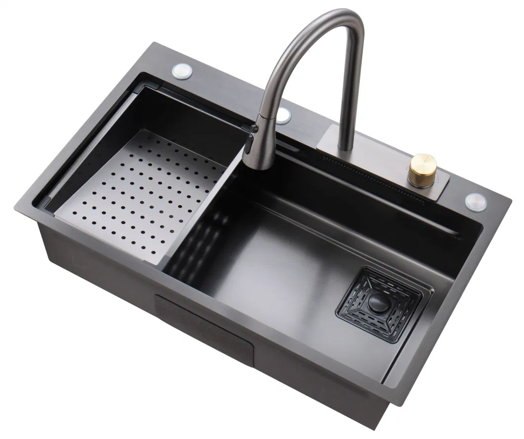 Ws7546A Handmade Single Bowl with Waterfall Faucet Nanoblack China Wholesale Factory Customized Accessories Stainless Steel Cabinet Kitchenware Kitchen Sink