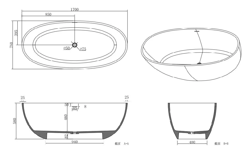 Resin Stone Freestanding Acrylic Solid Surface Soaking for Bathroom Shower Bathtub High Quality