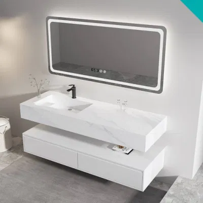  Moderno armadio in marmo bianco a parete per il bagno, lussuoso lavandino Con armadietto a specchio