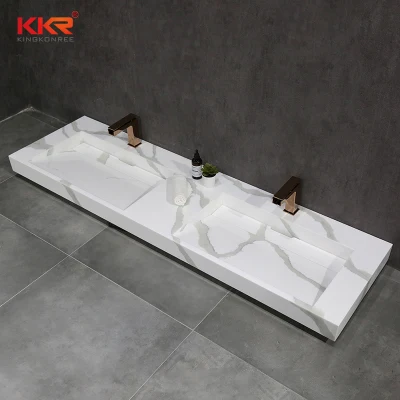 Coperchio di scarico doppio con vaschetta personalizzata in resina acrilica profonda Pietra cascata marmo Bianco superficie solida Lavabo per camera bianca Lavaper Lavandino bagno Sink