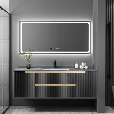 Grigio colore moderno nuovo design a parete LED a due cassetti Armadietto per il bagno con specchio illuminato con lavandino e piastra da roccia Piano in marmo