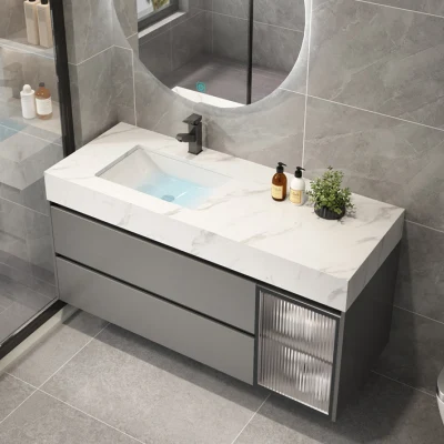 1000 mm di larghezza Luxury Design moderno con retroilluminazione a LED e pietra sinterizzata a specchio Top lavabo in ceramica lavabo in legno bagno Vanity mobili cabinet