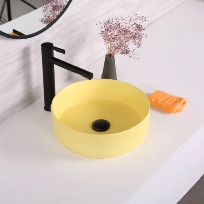 Armadietto esterno Lavare a mano Lavabo De Couleur giallo opaco Lavandino rotondo in ceramica da tavolo con lavandino per bagno