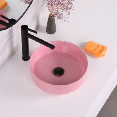 Armadietto esterno Lavare a mano Lavabo De Couleur giallo opaco Lavandino rotondo in ceramica da tavolo con lavandino per bagno