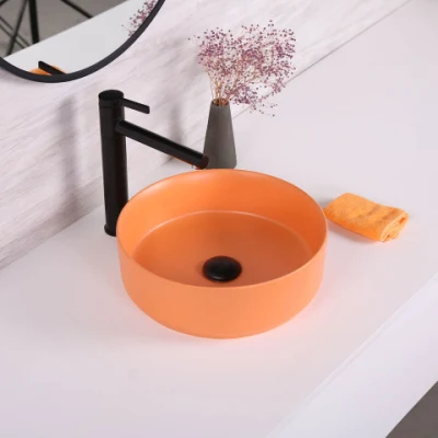 Armadietto esterno Lavare a mano Lavabo De Couleur giallo opaco Lavandino rotondo in ceramica da tavolo con lavandino per bagno
