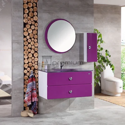  Armadietto per bagno in PVC viola con bacinella in vetro e 2 cassetti