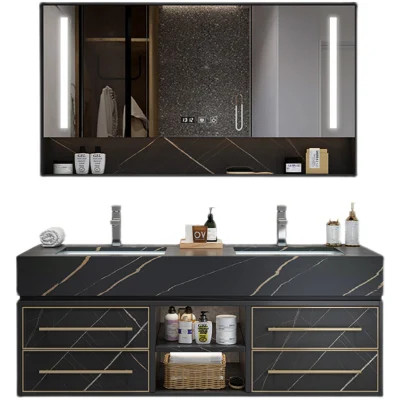 Armadietto per bagno sospeso con basin integrato e piastra da roccia in oro nero