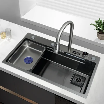  Display digitale a LED, realizzato a mano, nero 304, in acciaio inox, con tecnologia Smart Lavandino da cucina multifunzione