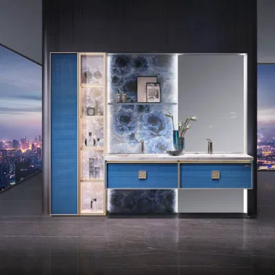Moderno lavabo in alluminio a base di liquido, robusto e galleggiante, con montaggio a parete blu Bagno Vanity armadio in ceramica con LED Smart Touch Light Speculare
