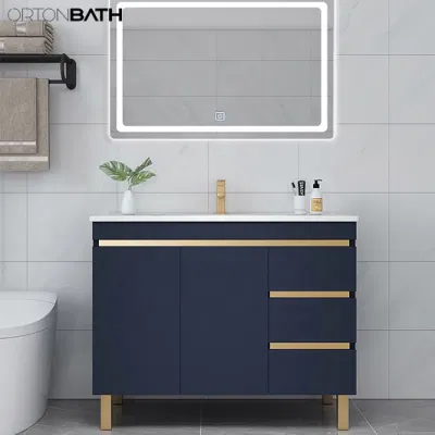 Ortonbathroom pavimenti moderni in ceramica Sink blu bagno legno vanity Mobile per bagni in pietra artificiale con maniglie in metallo oro Specchio a LED