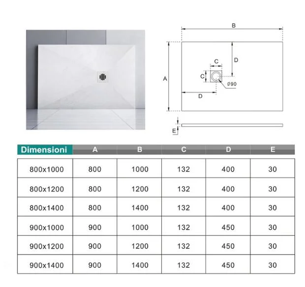 Stone Resin Shower Base Shower Tray 80*80*4cm White Shower Plate in Marble Resin Mixed Effect Slate Rough Pile and Pipe Included