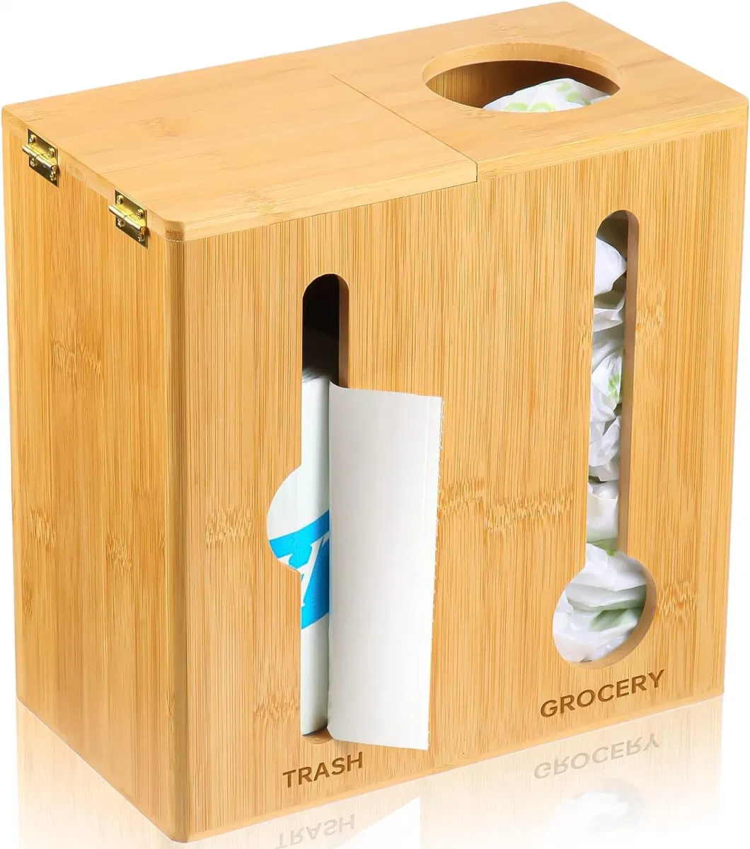 Kitchen Pantry 2 in 1 Plastic Grocery Bag Holder Wall Mounted Bamboo Trash Bag Dispenser for Under Sink Organizers