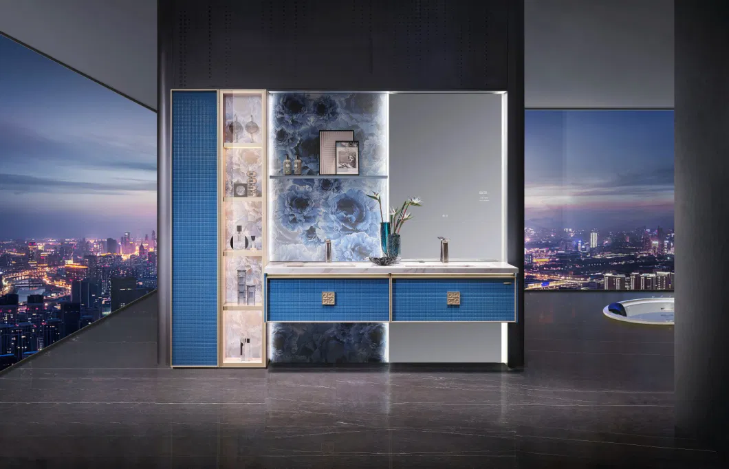 Rendered Blue Wall Mounted Modern Floating Sturdiness Wash Basin Aluminium Bathroom Wooden Vanity Ceramic Cabinet with Smart Touch Light LED Mirror