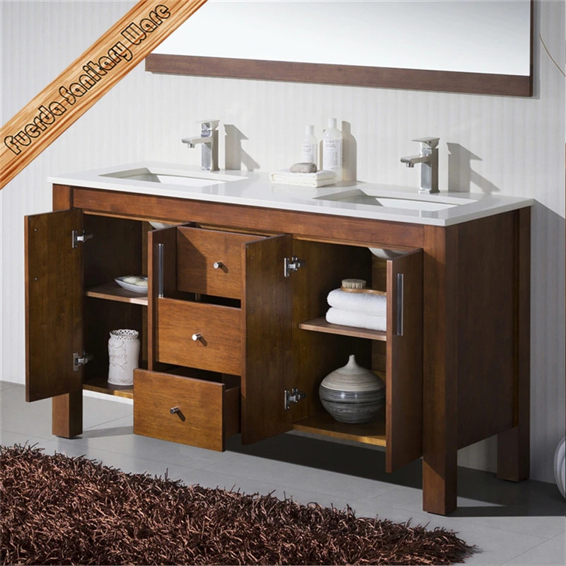 Fed-1167 Double Cupc Sinks Free Standing Solid Wood Stone Top Bathroom Cabinets