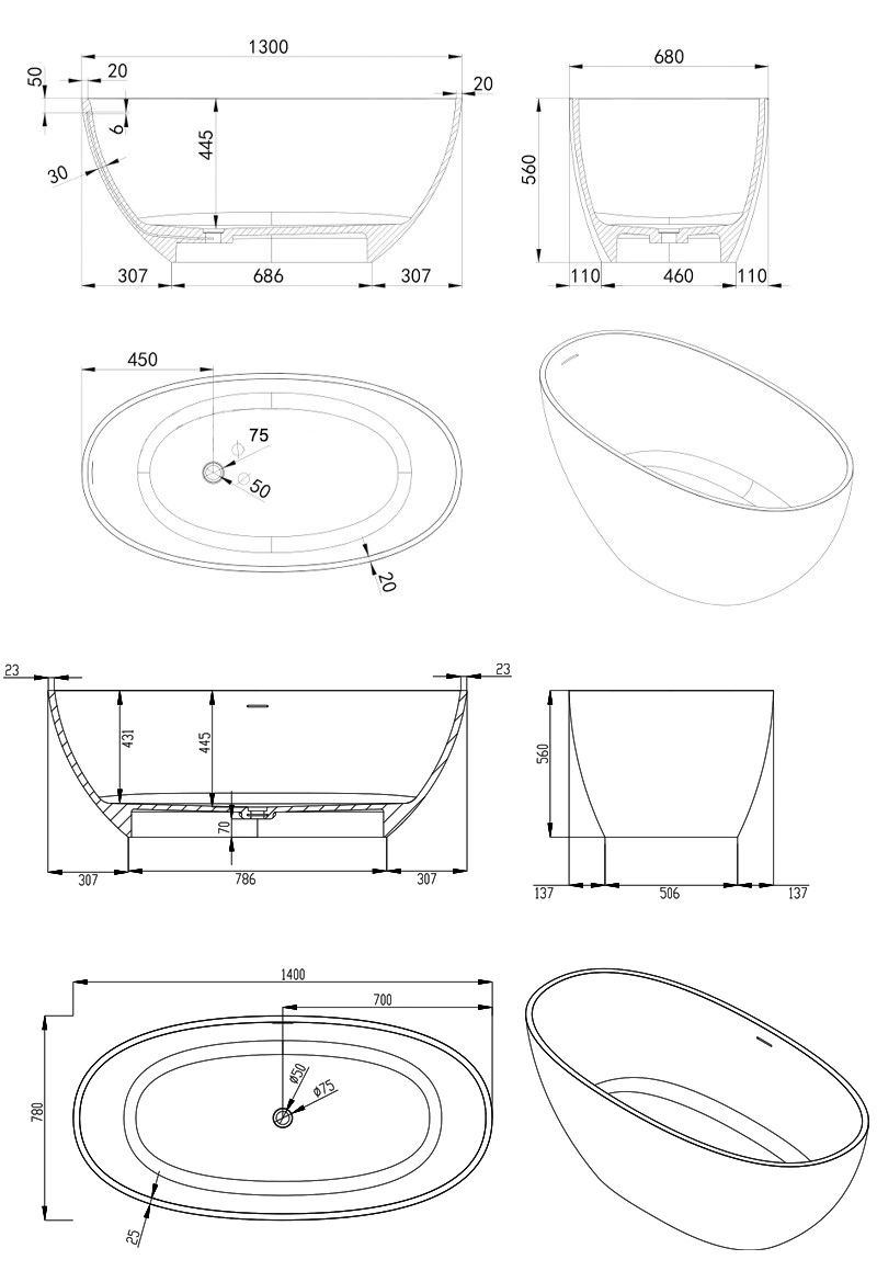 High Quality Artificial Stone Bathroom Bathtubs Furniture White Round Acrylic Bath Tubs