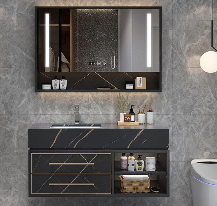 Black Gold Rock Plate Integrated Basin Suspended Bathroom Cabinet