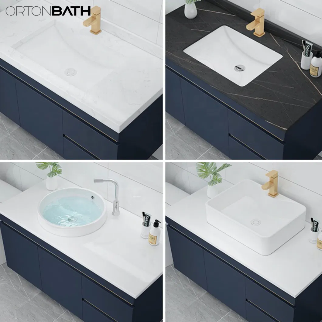 Ortonbath Modern Flooring Standing Ceramic Sink Blue Bathroom Wood Vanity Unit Cabinet Artificial Stone Bathroom Furniture with Gold Metal Handles LED Mirror