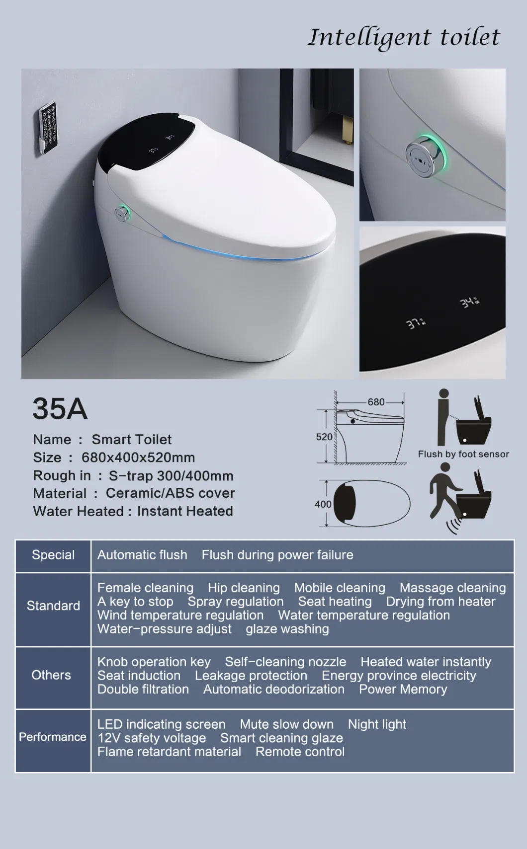 Guangdong Smart Toilet Cover with Remote Control Smart Toilet Floor-Mounted Hotel Bathroom Smart Self-Cleaning Toilet