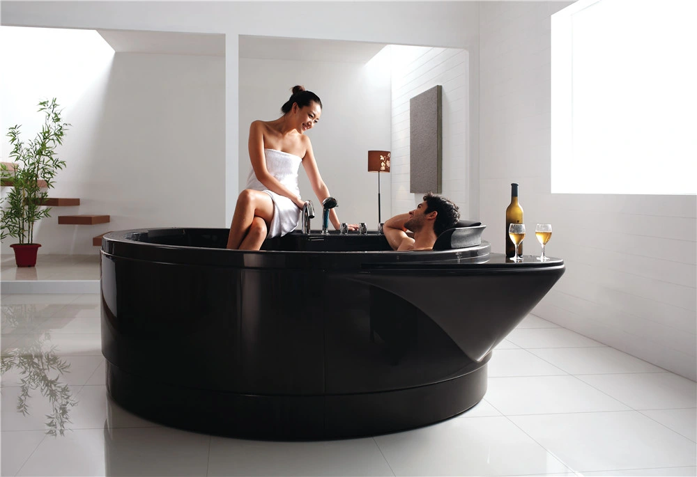 Joyee Black Acrylic 2 Couple Sex Massage Round Freestanding Shower Bathtub with Waterfall Bubble Jets