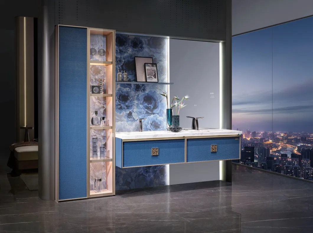 Rendered Blue Wall Mounted Modern Floating Sturdiness Wash Basin Aluminium Bathroom Wooden Vanity Ceramic Cabinet with Smart Touch Light LED Mirror