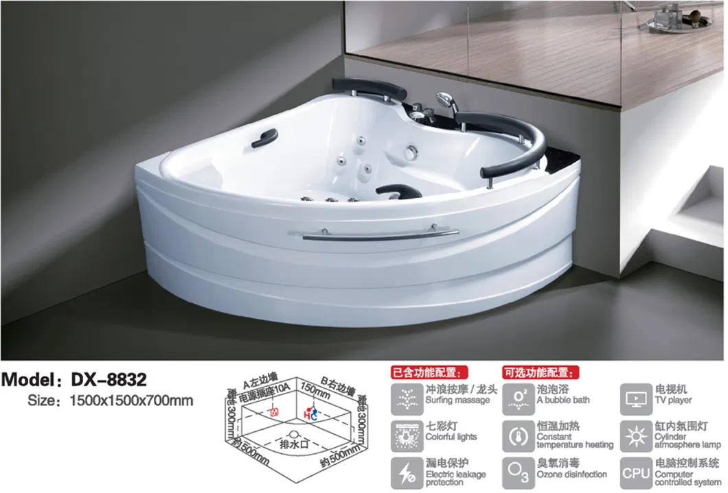 Fiberglass Two People Freestanding Whirlpool Corner Massage Bathtub Dx8832