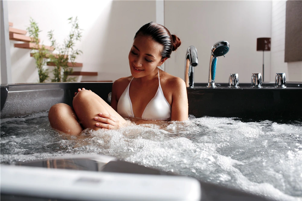 Joyee Black Acrylic 2 Couple Sex Massage Round Freestanding Shower Bathtub with Waterfall Bubble Jets