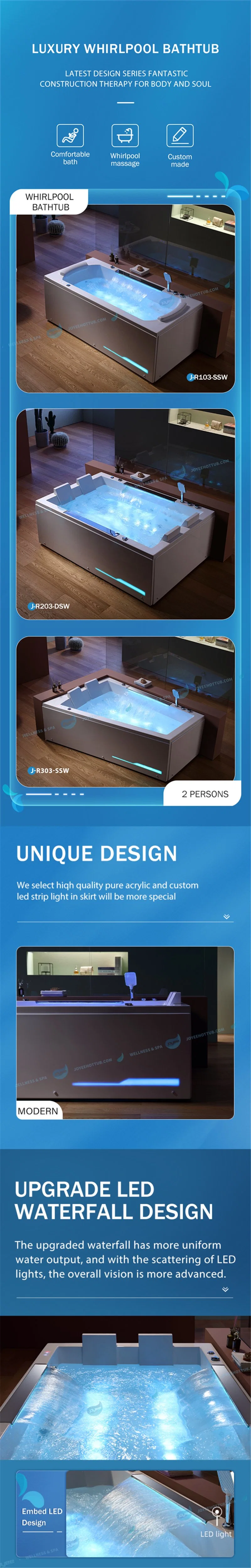 Joyee Luxury Bathtub Acrylic Hydro Massage Jet SPA Indoor LED Light Whirlpool Bathtub 1-2 People Shower Tub