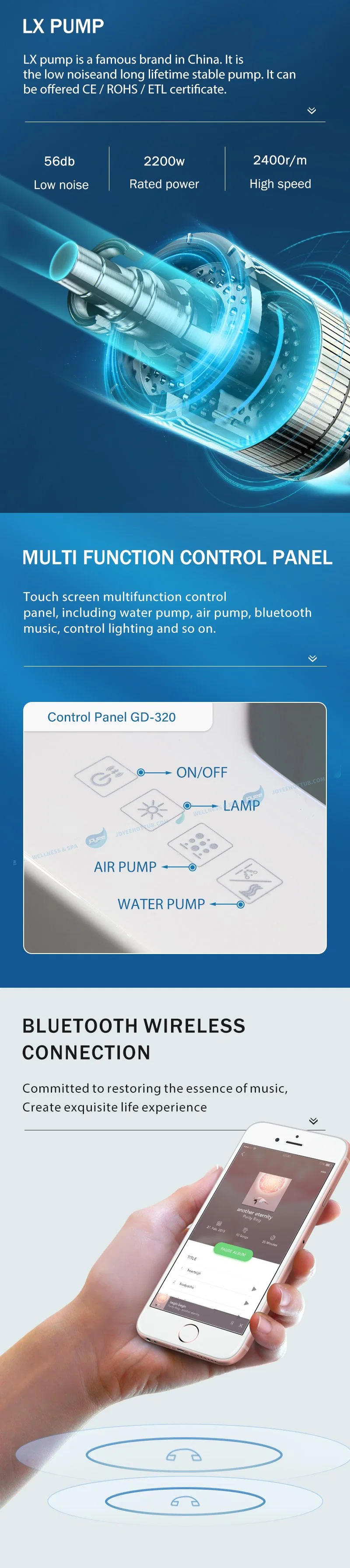 Joyee Luxury Bathtub Acrylic Hydro Massage Jet SPA Indoor LED Light Whirlpool Bathtub 1-2 People Shower Tub