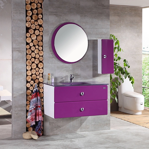 Purple Bathroom Cabinet PVC with Glass Basin and 2 Drawer