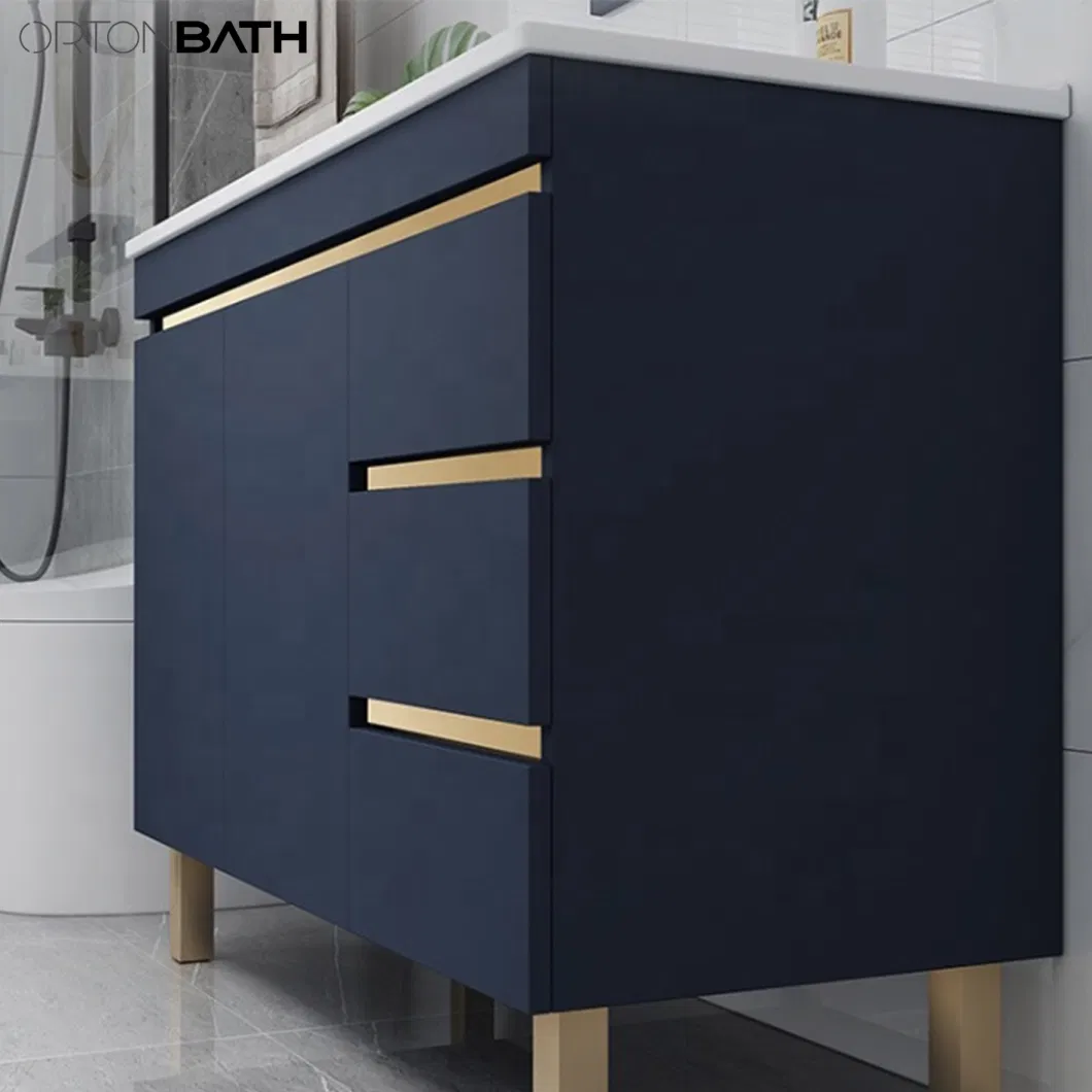 Ortonbath Modern Flooring Standing Ceramic Sink Blue Bathroom Wood Vanity Unit Cabinet Artificial Stone Bathroom Furniture with Gold Metal Handles LED Mirror