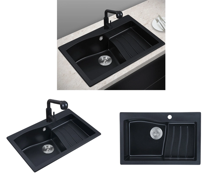 Modern Design High Performance Composite Black Granitequartz Kitchen Sink with Drainboard