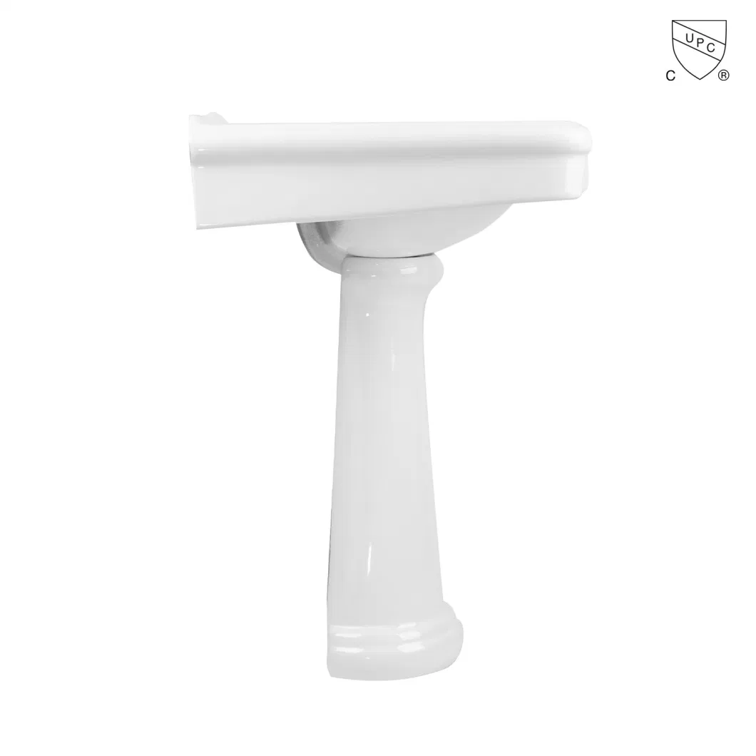 Cupc Certified Traditional Bathroom Design Vanity Ceramic Vitreous China Oversized Glassy White Rectangle Floor-Standing Handmade Pedestal Basin Furniture